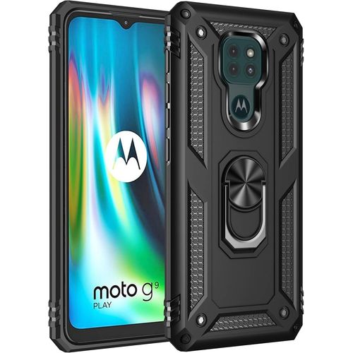 KAL-Coque Motorola Moto G9 Play/Moto E7 Plus/G9 + 9H Verre Trempé, Étui Protection Tpu/Pc Souple Durable Avec Support De 360° Rotation Anneau Protection Antichoc Armor Box Coque, Noir