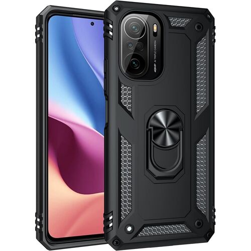 KAL-Coque Pour Xiaomi Poco F3/Mi 11I + 9H Verre Trempé, Étui Protection Tpu/Pc Souple Durable Avec Support De 360° Rotation Anneau Protection Antichoc Armor Box Coque, Noir