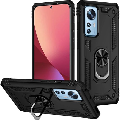 Kal-Coque Pour Xiaomi 12/Xiaomi 12x 5g + Hd Verre Trempé, Étui Protection Tpu/Pc Souple Durable Avec Support De 360° Rotation Anneau Antichoc Armor Box Coque, Noir