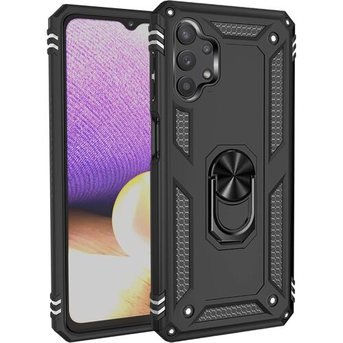 KAL-Coque Pour Samsung Galaxy A32 4G + 9H Verre Trempé, Étui Protection Tpu/Pc Souple Durable Avec Support De 360° Rotation Anneau Protection Antichoc Armor Box Coque, Noir