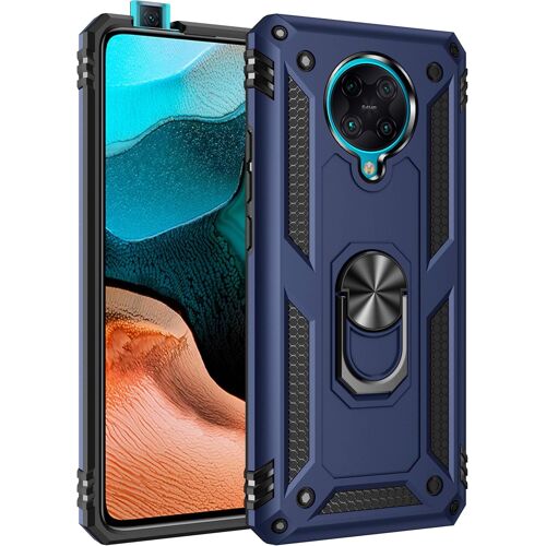 KAL-Coque Pour Xiaomi Redmi K30 Pro/Poco F2 Pro, + Verre Trempé, Étui De Protection Soft Tpu + Pc, Heavy Duty, Slim Dual Layer Protective Housse Etui Coque Avec Support De Bague En Métal, Bleu