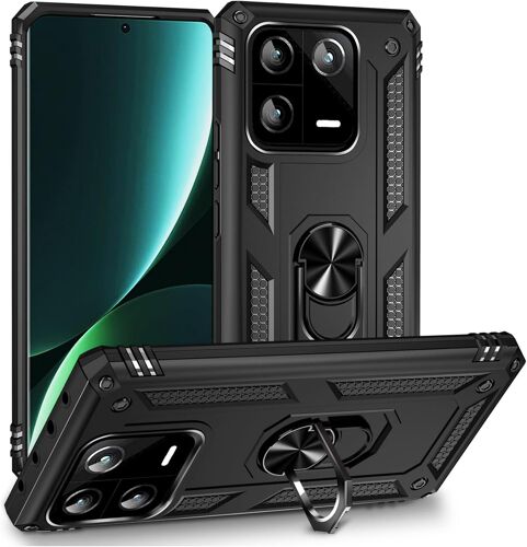 KAL-Coque Pour Xiaomi 13 Pro + Hd Verre Trempé, Étui Protection Tpu/Pc Souple Durable Avec Support De 360° Rotation Anneau Antichoc Armor Box Coque, Noir