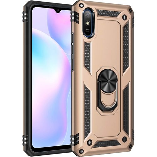 Coque Pour Xiaomi Redmi 9a, Verre Trempé Double Couche Hybride Ultra Armure Housse Étui De Protection Antichoc Armor Bumper Cover Pour Xiaomi Redmi 9a Avec Stand, Or