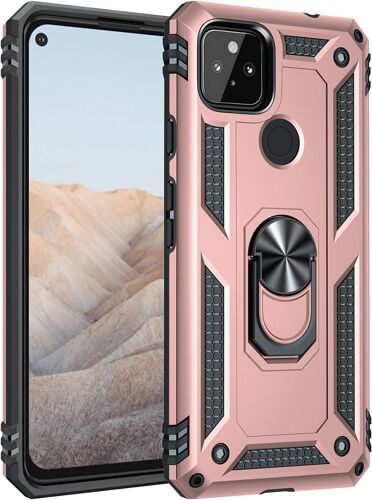 KAL-Coque Pour Google Pixel 5A + Protecteur D'Écran, Etui Antichoc Militaire Tough Armor Heavy Duty Shock Proof Protective Housse Avec Anneau Support,Roseor