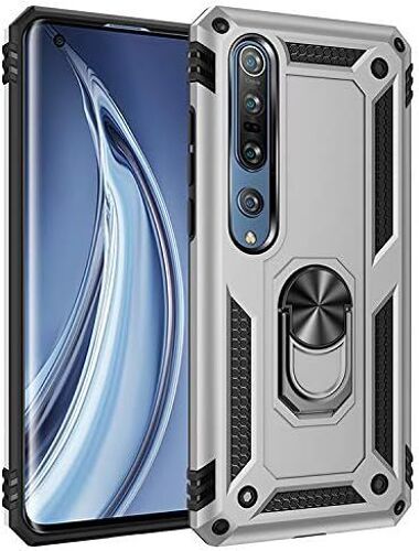 KAL-Coque Pour Xiaomi Mi Note 10/Mi Note 10 Pro, Silicone Souple Et Pc Dur Coque Avec Support Béquille Métal Multi-Angles Etui, Protection Double Couche Multi-Fonctionnel Housse - Argent
