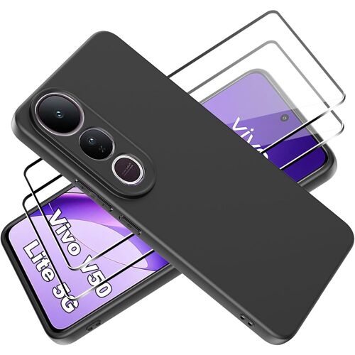 SJZG-Coque Pour Vivo V50 Lite 5G Cover Avec Verre Trempé Protection Écran Film Matte Etui Souple Flexible En Premium Tpu, Antichoc, Anti-Dérapante Noir Case
