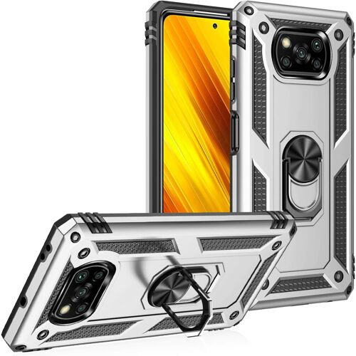 KAL-Coque Pour Xiaomi Poco X3 Pro/Poco X3 Nfc + Hd Verre Trempé, Silicone Souple Et Pc Dur Armor Protection Résistante, Anti-Choc, Anti-Rayure, Etui Housse Avec Support Kickstand,Argent