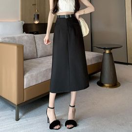 Jupe De Costume Femme Printemps Et Été Taille Haute Rétro Ceinture Droite Décontractée Jupe Mi-Longue Trapèze
