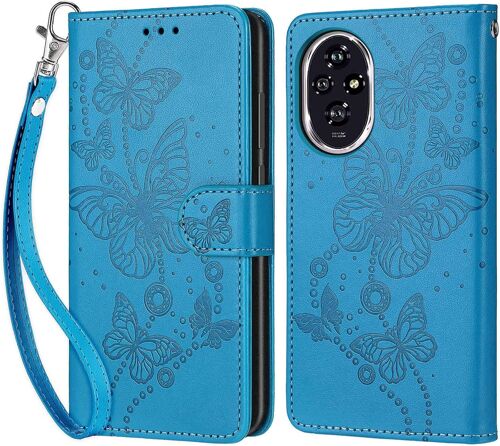 KAL-Coque Pour Honor 200, Housse Etui Portefeuille Cuir Multifonction, Fermeture Magnétique À Clapet Anti-Choc Compatible Avec Coque Honor 200 Book - Bleu Papillon
