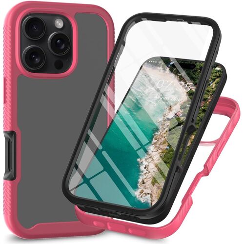 KAL-Coque Pour Iphone 16Pro Max, 360° Transparente Étui Antichoc Housse Integrale Transparent Silicone Bumper Avec Protecteur D'Écran Intégré Case - Rouge
