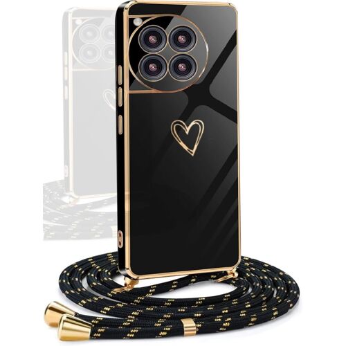 KAL-Coque Avec Cordon Compatible Avec Oneplus 11 5G, Galvanoplastie Motif Coeur D'Amour Housse Antichoc Tpu Silicone, Réglable Etui Avec Lanière Pour Oneplus 11 5G,Noir