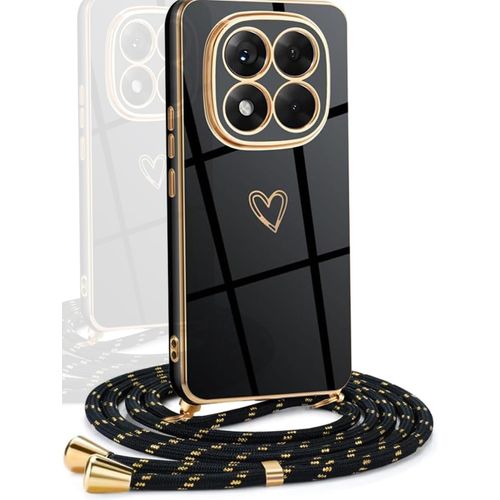 Kal-Coque Avec Cordon Compatible Avec Xiaomi Redmi Note 14 Pro 5g, Galvanoplastie Motif Coeur D'amour Housse Antichoc Tpu Silicone, Réglable Etui Avec Lanière Pour Redmi Note 14 Pro 5g,Noir