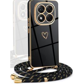 Kal-Coque Avec Cordon Compatible Avec Xiaomi Redmi Note 14 Pro 5g, Galvanoplastie Motif Coeur D'amour Housse Antichoc Tpu Silicone, Réglable Etui Avec Lanière Pour Redmi Note 14 Pro 5g,Noir
