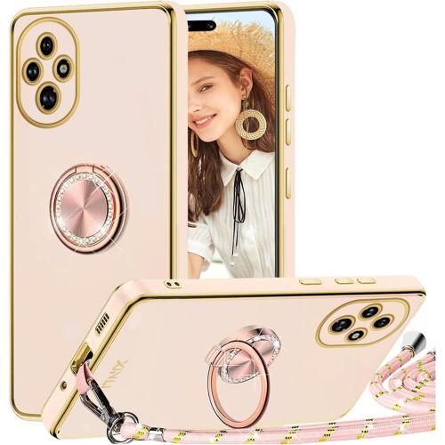 KAL-Coque Pour Honor 200 Avec Cordon Et 360 Degrés Anneau Support, Étui Housse Antichoc Souple Silicone Tpu Bumper Portable Protection Case Avec Amovible Collier, Rose