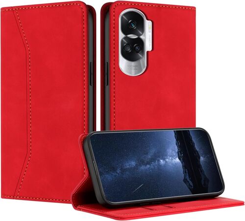 KAL-Coque Compatible Avec Pour Huawei Honor 90 Lite, Etui Protection Housse Premium En Cuir Pu Portefeuille Rabat Clapet Case, Pochette Flip Fermeture Magnétique Étui Case Coque Cuir (Rouge)