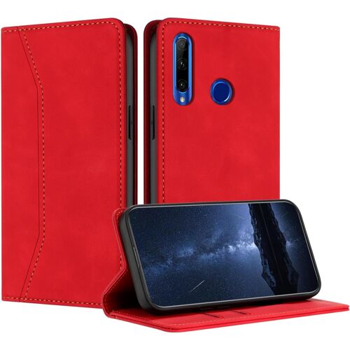 KAL-Coque Compatible Avec Pour Huawei Honor 20 Lite, Etui Protection Housse En Cuir Pu Portefeuille Rabat Clapet Case, Pochette Flip Fermeture Magnétique Étui Case Coque Cuir (Rouge)