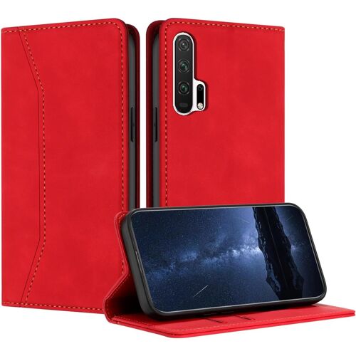 KAL-Coque Compatible Avec Pour Huawei Honor 20 Pro, Etui Protection Housse Premium En Cuir Pu Portefeuille Rabat Clapet Case, Pochette Flip Fermeture Magnétique Étui Case Coque Cuir (Rouge)