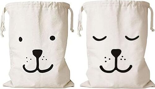 Lot de 2 grands sacs à linge en toile 46 x 62 cm avec cordon de serrage, pour ranger vêtements, jouets, voyage, randonnée en famille, couchage et ours souriant