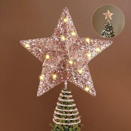 Étoiles de Noël de l'Arbre - 20cm en Or Rose, Illuminé d'Étoiles de Noël de l'Arbre, 15 LED Lumières Scintillantes de Noël en Métal haut de l'Arbre Stand