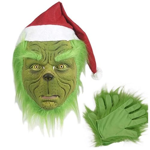 Masque De Noël Grinch Avec Gants - Accessoire De Déguisement Pour Halloween, Fêtes, Bars Et Spectacles - Taille Unique, 0,25 Kg - Matière En Latex