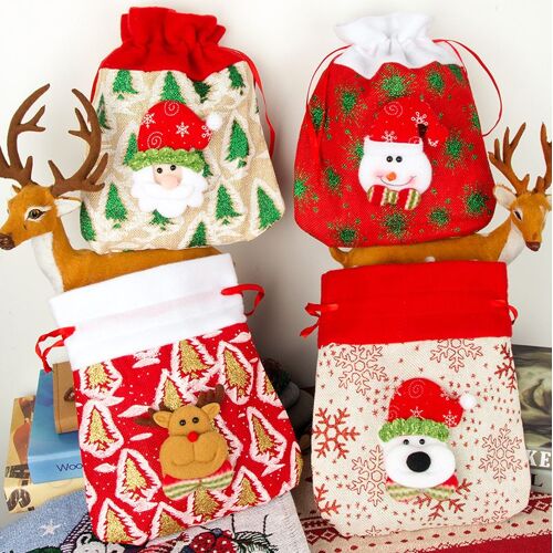 4 pcs sac cadeau de Noël de nouveaux dessins animés de lin sac