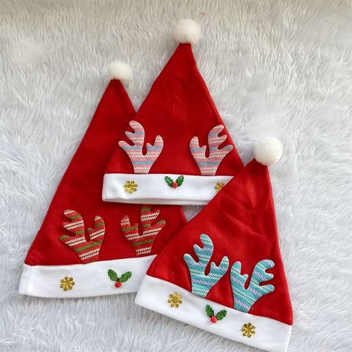 3 Pièces Décorations De Bonnet De Noel De Noël Tissu Brossé Applique Dessin Animé Vieil Homme Cerf Chapeau De Noël