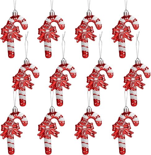 12 cannes de Noël scintillantes - rouges, 11 cm, pour décorer le sapin de Noël. Cannes de Noël suspendues à rayures dorées et blanches.