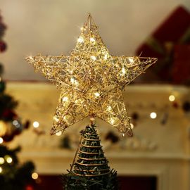 Étoile de Noël dorée à piles, avec minuterie décorative et bandes argentées, 20 LED pour décoration intérieure et extérieure.