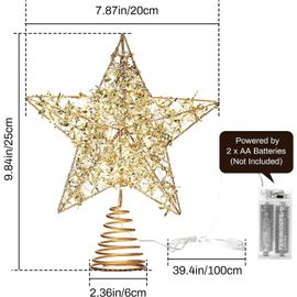 Étoile de Noël dorée à piles avec minuterie décorative et bandes argentées, 20 LED pour décoration intérieure et extérieure.