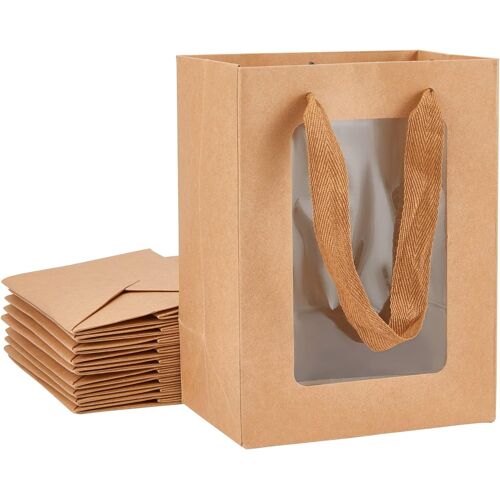 10 paquets de sacs en papier kraft BurlyWood avec fenêtre 20x15x10cm sacs-cadeaux avec fenêtre transparente pour Noël Halloween bonbons emballage cadeau