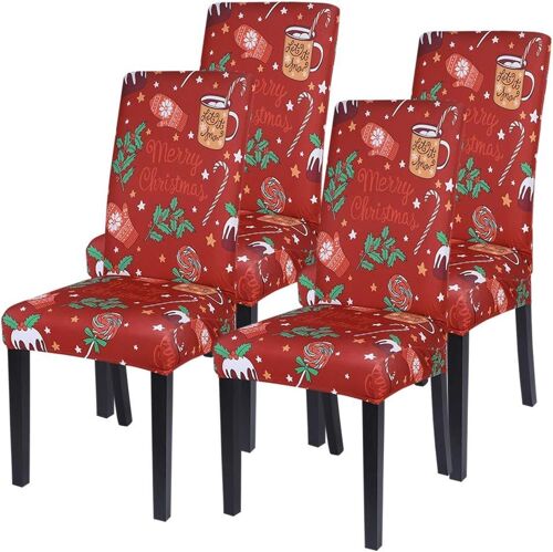 (Cadeau de Noël) Lot de 4 housses de chaise de salle à manger extensibles et amovibles Housses de chaise de Noël universelles Décoration de la maison