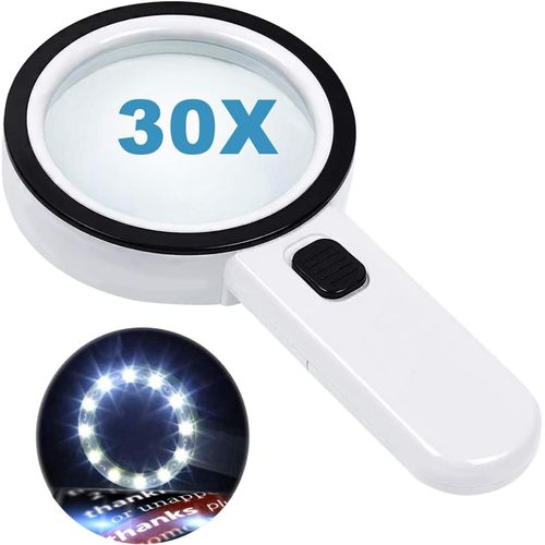 Loupe de lecture avec 12 LED et double lentille en verre grossissant 30x. Pour une lecture aisée des pièces de monnaie, timbres et cartes. Idéale en cas de dégénérescence maculaire.
