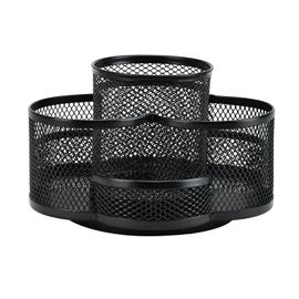 Pot À Crayons Rotatif Noir En Métal Avec Tapis Antidérapant En Caoutchouc, Rotation À 360°, Rangement Pour Fournitures De Bureau