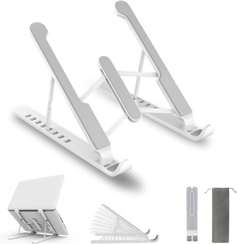 Support pour ordinateur portable, 8 niveaux réglables, en plastique, silicone antidérapant et alliage d'aluminium, compatible avec MacBook Air Pro, HP, 10-15,6"" (blanc)