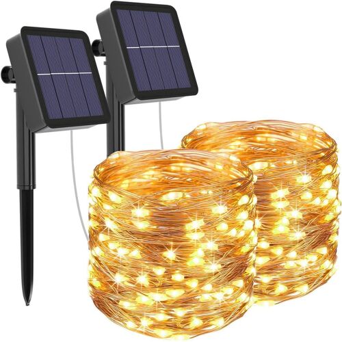 Lot De 2 Guirlandes Lumineuses Solaires D'extérieur 200 Led 8 Modes Étanches En Fil De Cuivre Pour Terrasse, Portail, Cour, Arbres, Barbecue, Mariage, Fête (Blanc Chaud)