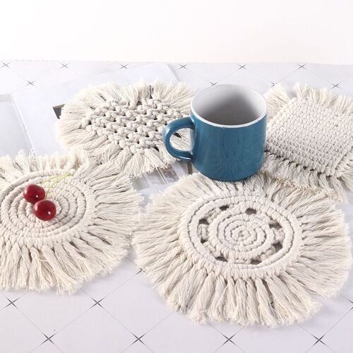 4 Sous-Verres Blancs Tissés En Coton Faits À La Main Coussinets Isolants À Pampilles Épaissies Tapis De Salle À Manger De Table Bohème Sous-Verres Carrés Ronds En Forme De C¿Ur