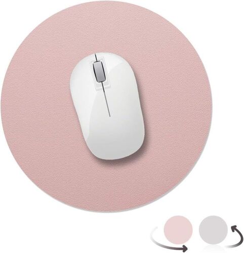 Tapis de souris rond 220 x 220 x 2 mm, antidérapant et imperméable, en cuir PU, double face, pour clavier d'ordinateur et jeux vidéo, rose nude/argent.