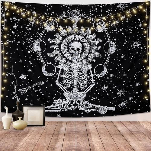 Tapisserie Murale Crâne, Tapisserie Squelette De Méditation, Tapisserie Murale Éclipse De Lune, Tapisserie Ciel Étoilé Noir Et Blanc Pour Salon Chambre (Crâne, L / 148 X 200 Cm (58"" X 79""))