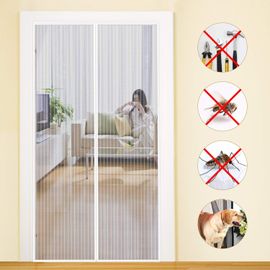 Moustiquaire 100x220cm Pour Baie Vitrée Rideau Anti Mouche Moustiquaire Porte-Fenêtre Aimantée Fermeture Magnétique Maille Ultra Fine Installation Sans Perçage Avec Bande Adhésive, Blanc