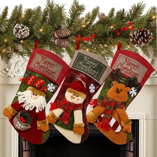3pcs 18 ""Bas De Noël Classique Grand Bas Père Noël, Bonhomme De Neige, Renne Personnage De Noël Pour Les Vacances En Famille Décorations De Fête De Noël