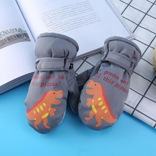 Dessin animé petits dinosaures gants isolants pour enfants hiver épaississement extérieur gants de ski multi-doigts résistants au froid 5 à 10 ans gris