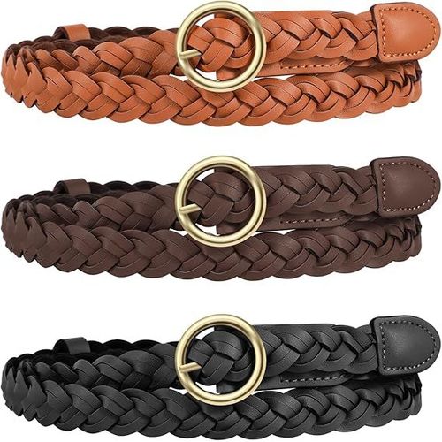 Lot De 3 Ceintures Fines Tressées En Cuir Pu Pour Femme, Idéales Pour Les Robes En Jean