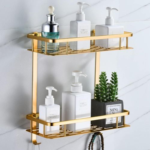 Étagère de douche carrée sans perçage, étagère murale pour salle de bain, petit panier de douche mural avec crochets (2 niveaux, champagne doré)
