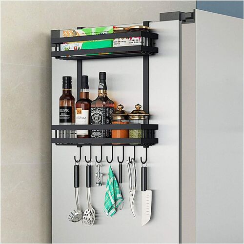 Etagère Réfrigérateur, Meuble Cuisine Rangement Frigo Etagere Epices, 2 Couches Étagère À Épices Avec 7 Crochets,Support De Rangement ?Pour Cuisine Sans Perçage, 48.5x40x9.2 Cm, Noire
