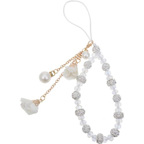 Dragonne Pour Téléphone Portable (Blanche) - Perles De Cristal Avec Pendentif Fleur, Bracelet Antidérapant, Cordon Pour Téléphone Portable, Breloque Pour Téléphone Portable