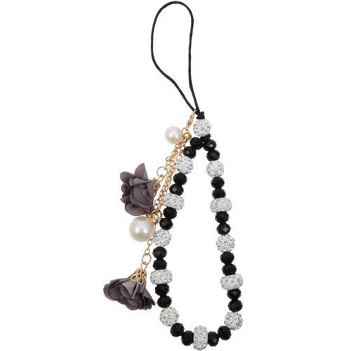 Dragonne Pour Téléphone Portable (Noire) - Perles De Cristal Avec Pendentif Fleur, Bracelet Antidérapant, Cordon Pour Téléphone Portable, Breloque Pour Téléphone Portable