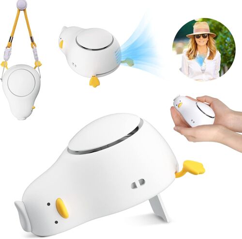 Mini ventilateur de cou portable en forme de canard avec cordon réglable, USB et 3 niveaux de charge pour le maquillage, les voyages, le shopping et les activités de plein air.