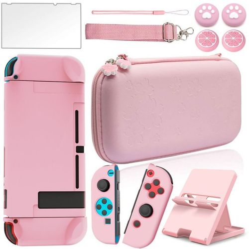 Étui De Transport Rose Pour Nintendo Switch - Pack D'accessoires Rose Avec Coque De Protection Rigide, Protection D'écran En Verre, Support Réglable Et Capuchons Pour Les Pouces