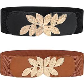 Lot De 2 Ceintures Élastiques Larges Pour Femme, Ceintures Extensibles À Boucle Rétro Pour Robe Chemise (Noir/Marron)