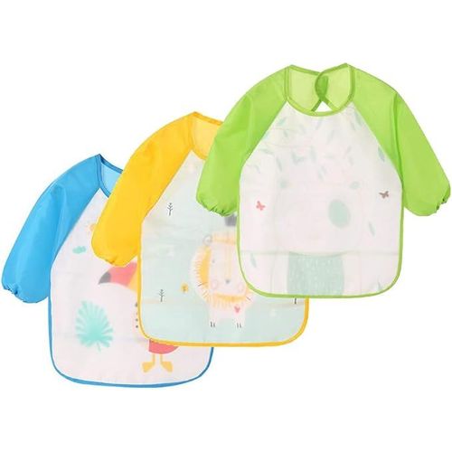 Lot De 3 Tabliers Imperméables Avec Bavettes À Manches Longues (Jaune, Bleu, Vert), Tabliers, Assiettes, Pont De Jeu, Pont De Peinture Pour Enfants De 6 À 36 Mois